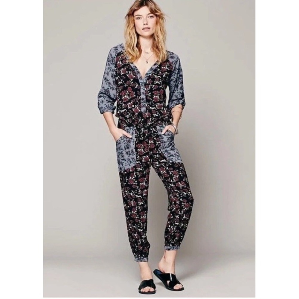 Free People Sheila Floral Patchwork Jogger Jumpsuit Medium Gray Burgundy Boho
